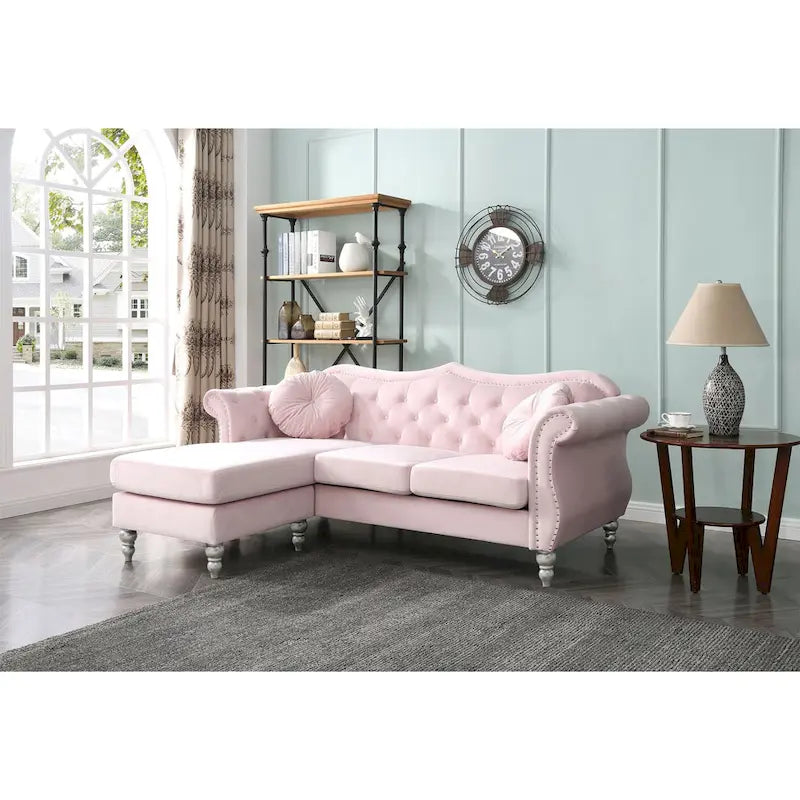81-Inch Velvet Sectional Sofa with Chaise and Throw Pillows