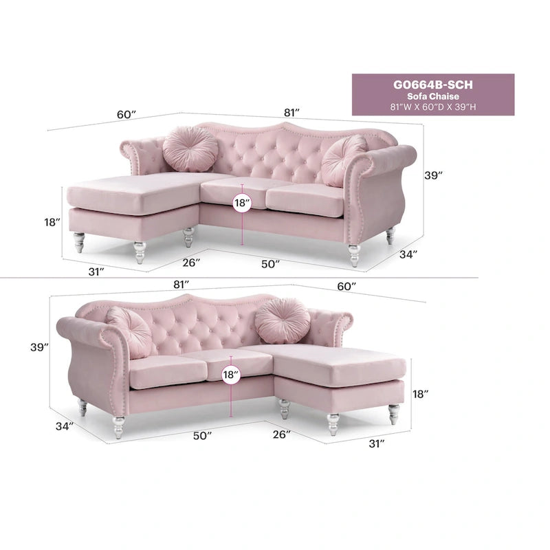 81-Inch Velvet Sectional Sofa with Chaise and Throw Pillows