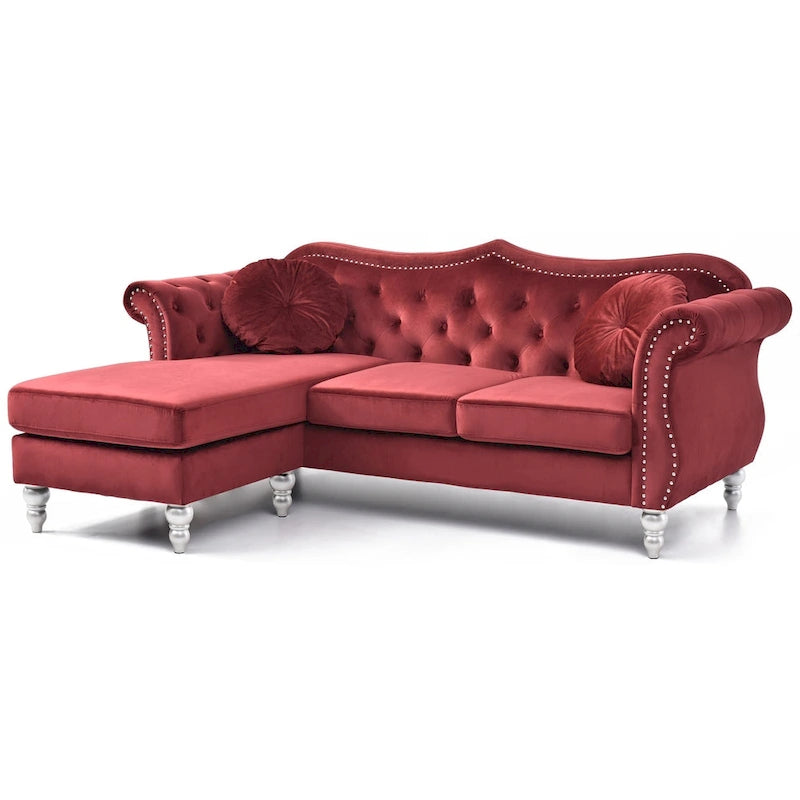81-Inch Velvet Sectional Sofa with Chaise and Throw Pillows