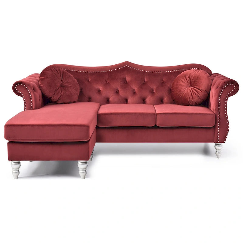 81-Inch Velvet Sectional Sofa with Chaise and Throw Pillows
