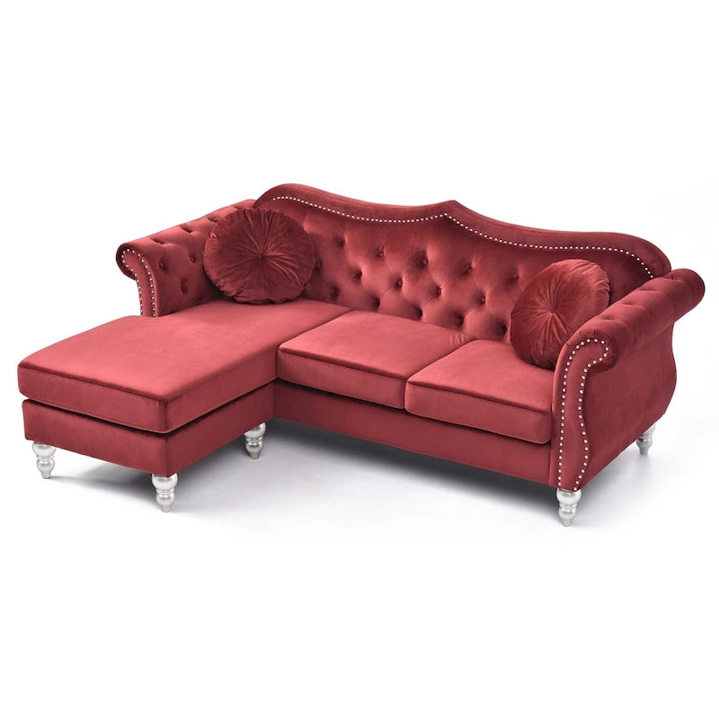 81-Inch Velvet Sectional Sofa with Chaise and Throw Pillows