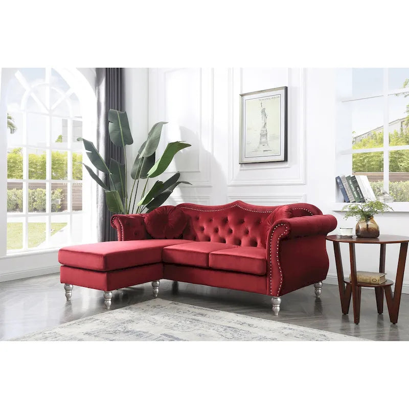 81-Inch Velvet Sectional Sofa with Chaise and Throw Pillows