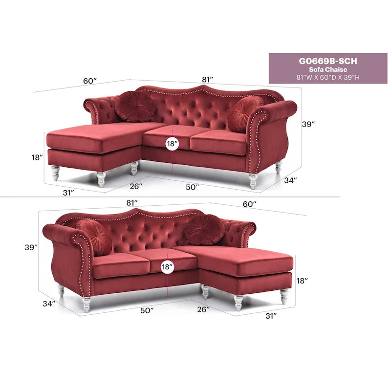 81-Inch Velvet Sectional Sofa with Chaise and Throw Pillows