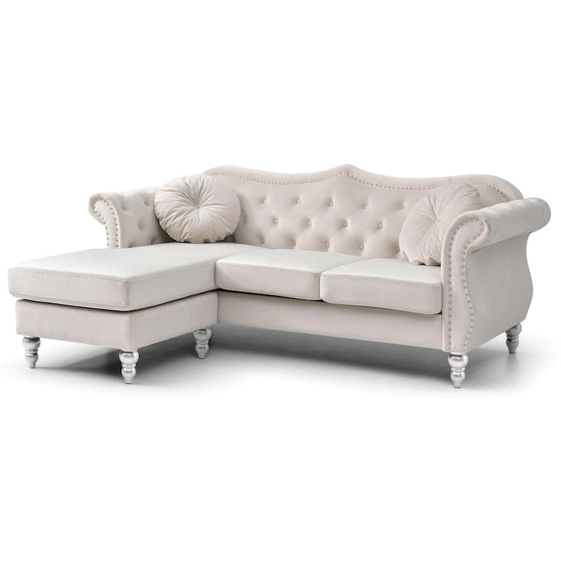 81-Inch Velvet Sectional Sofa with Chaise and Throw Pillows