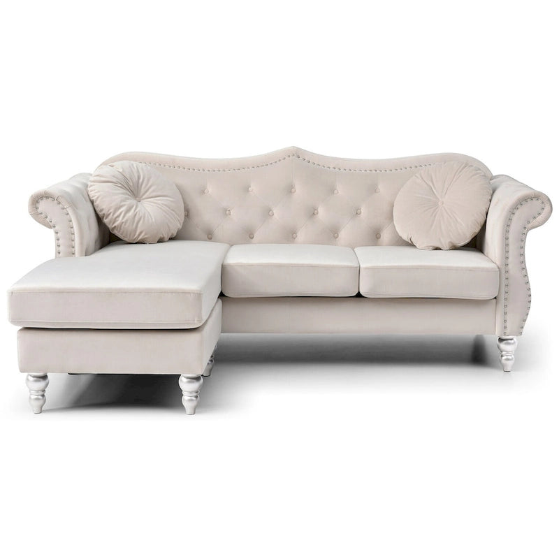 81-Inch Velvet Sectional Sofa with Chaise and Throw Pillows