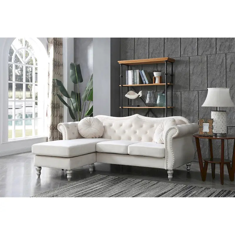 81-Inch Velvet Sectional Sofa with Chaise and Throw Pillows
