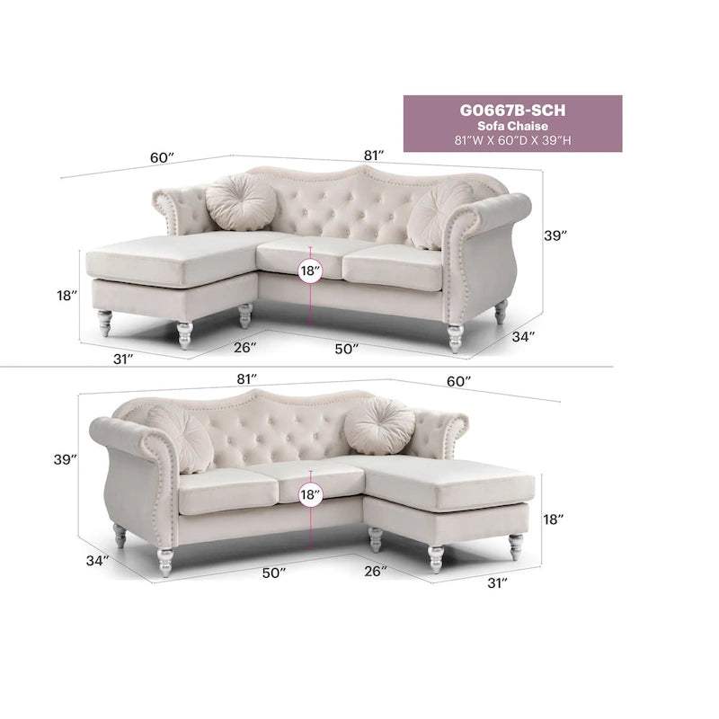 81-Inch Velvet Sectional Sofa with Chaise and Throw Pillows