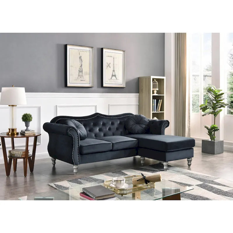 81-Inch Velvet Sectional Sofa with Chaise and Throw Pillows