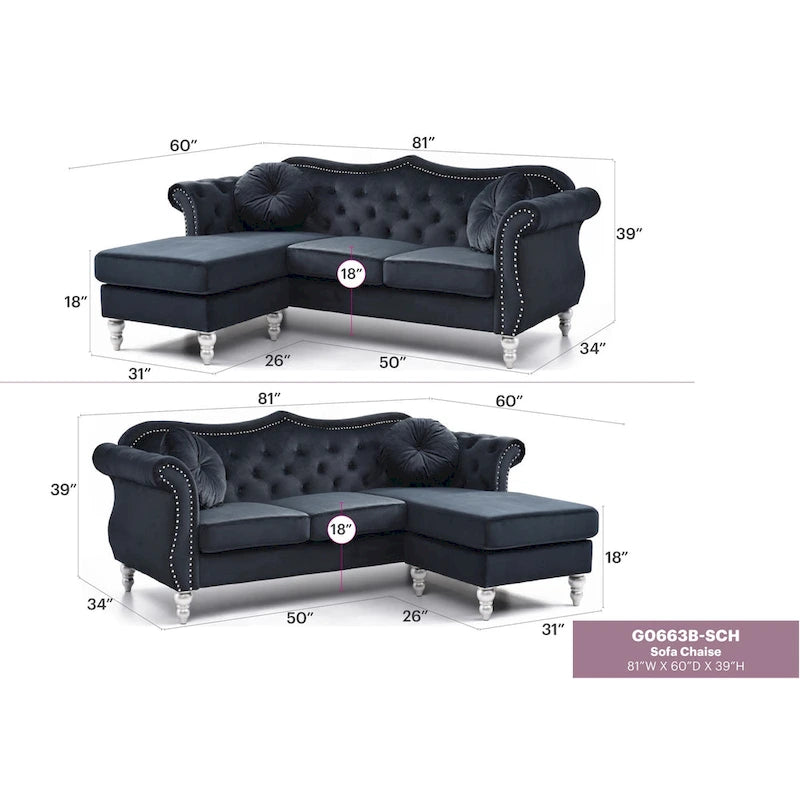 81-Inch Velvet Sectional Sofa with Chaise and Throw Pillows