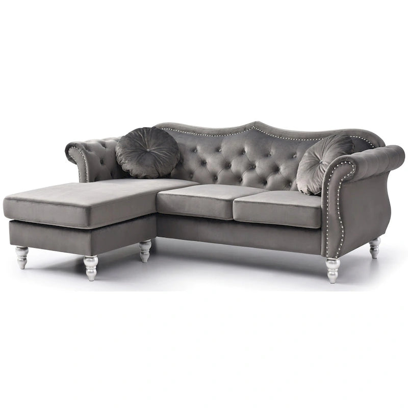 81-Inch Velvet Sectional Sofa with Chaise and Throw Pillows