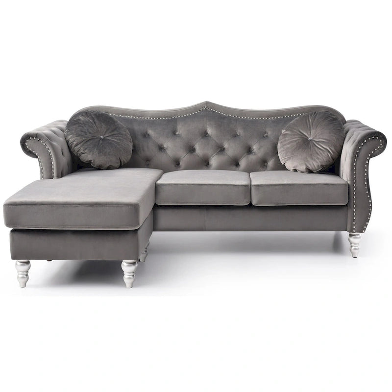 81-Inch Velvet Sectional Sofa with Chaise and Throw Pillows