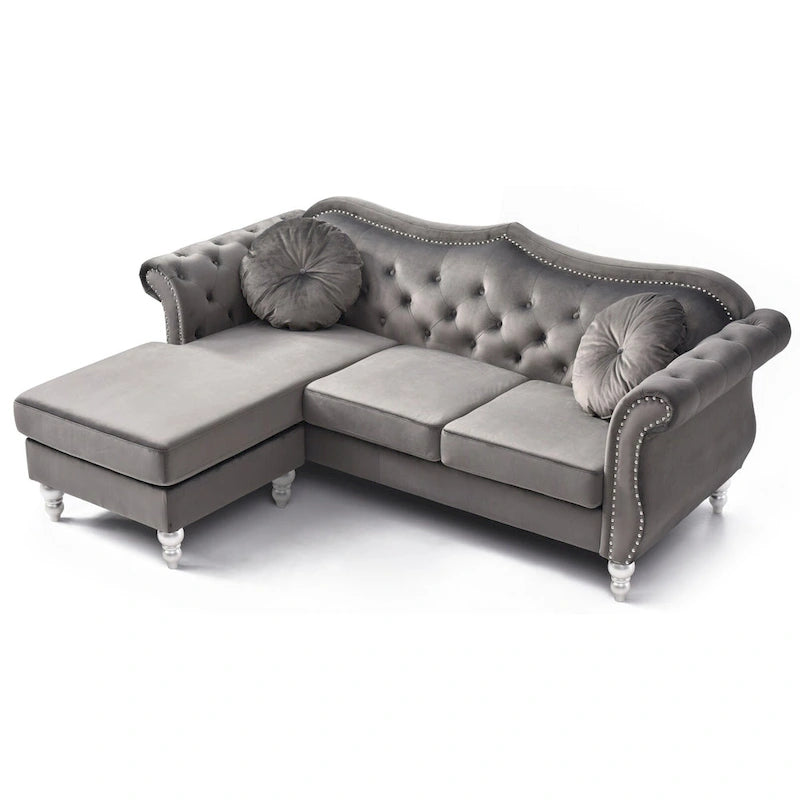 81-Inch Velvet Sectional Sofa with Chaise and Throw Pillows