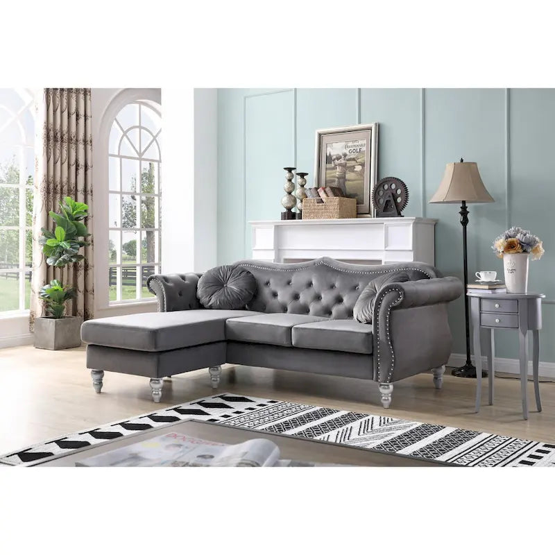 81-Inch Velvet Sectional Sofa with Chaise and Throw Pillows