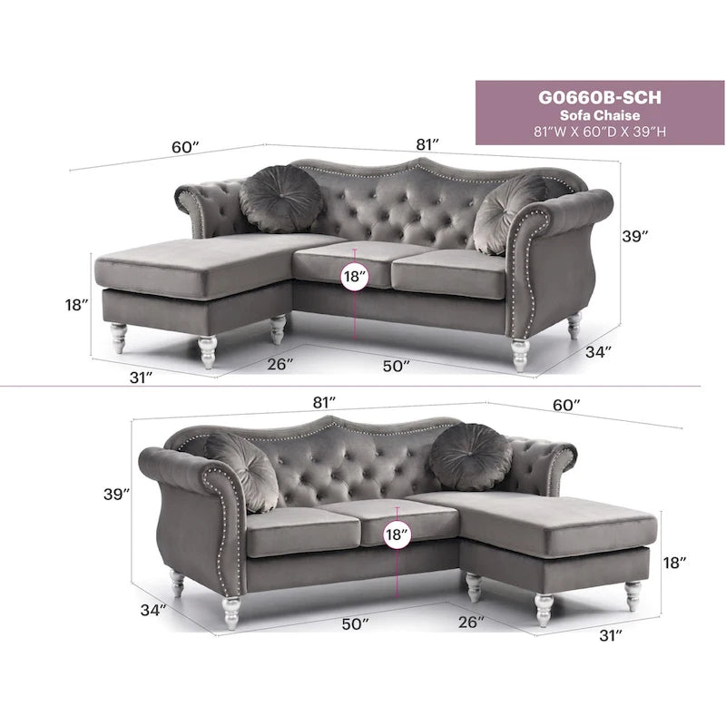 81-Inch Velvet Sectional Sofa with Chaise and Throw Pillows