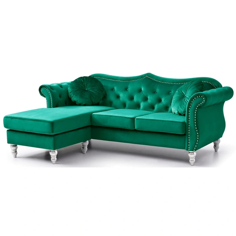 81-Inch Velvet Sectional Sofa with Chaise and Throw Pillows