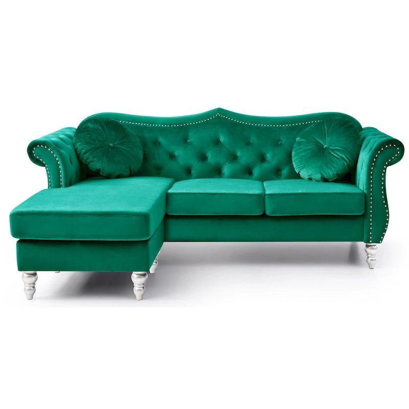 81-Inch Velvet Sectional Sofa with Chaise and Throw Pillows