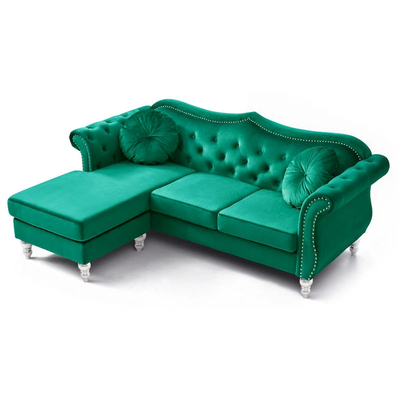 81-Inch Velvet Sectional Sofa with Chaise and Throw Pillows