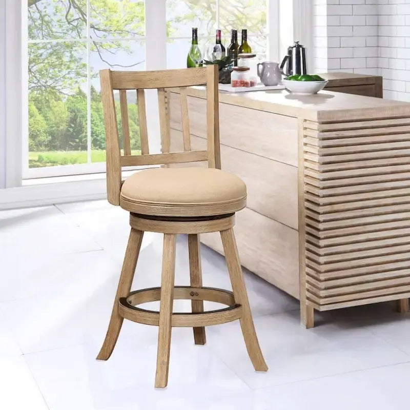 Counter Height Swivel Stool with Linen Seat and Wire-Brush Wood Finish