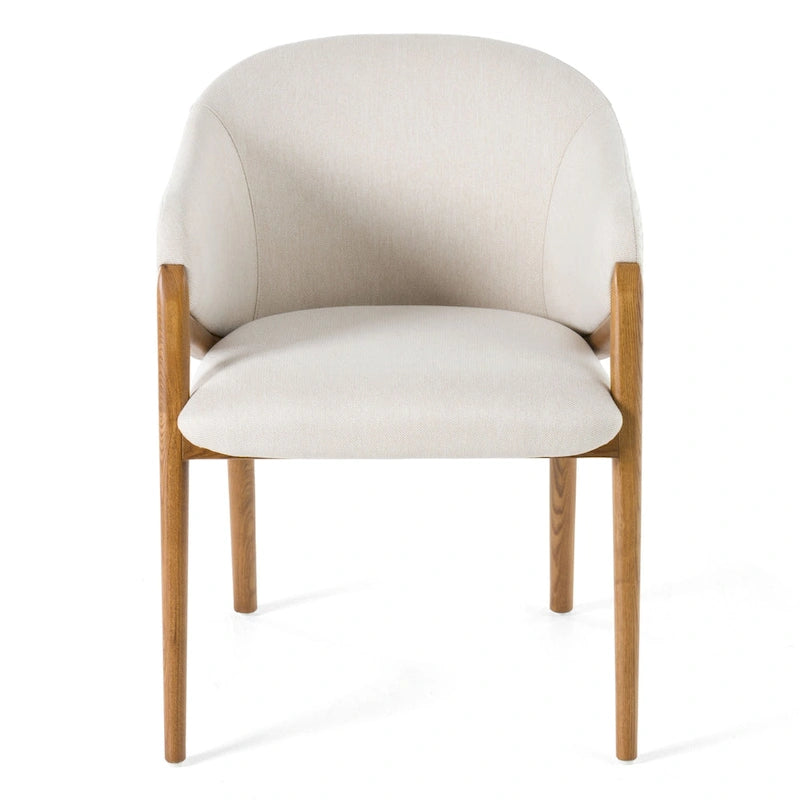 Modern Dining Armchair with Cream Fabric and Walnut Wood Frame