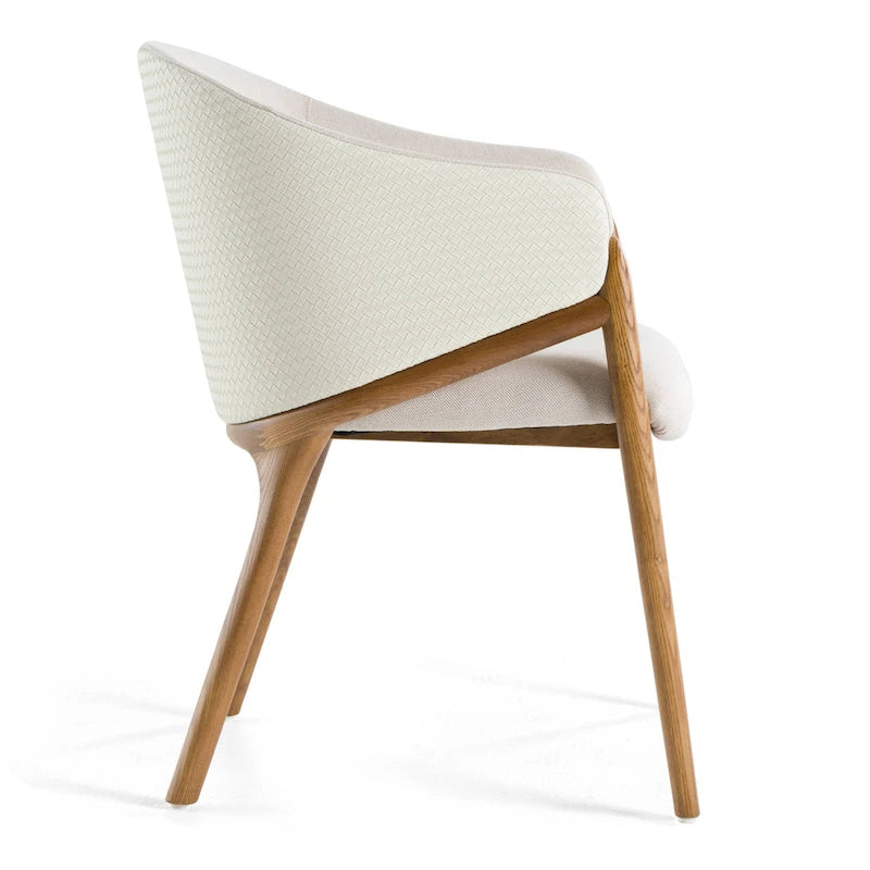 Modern Dining Armchair with Cream Fabric and Walnut Wood Frame