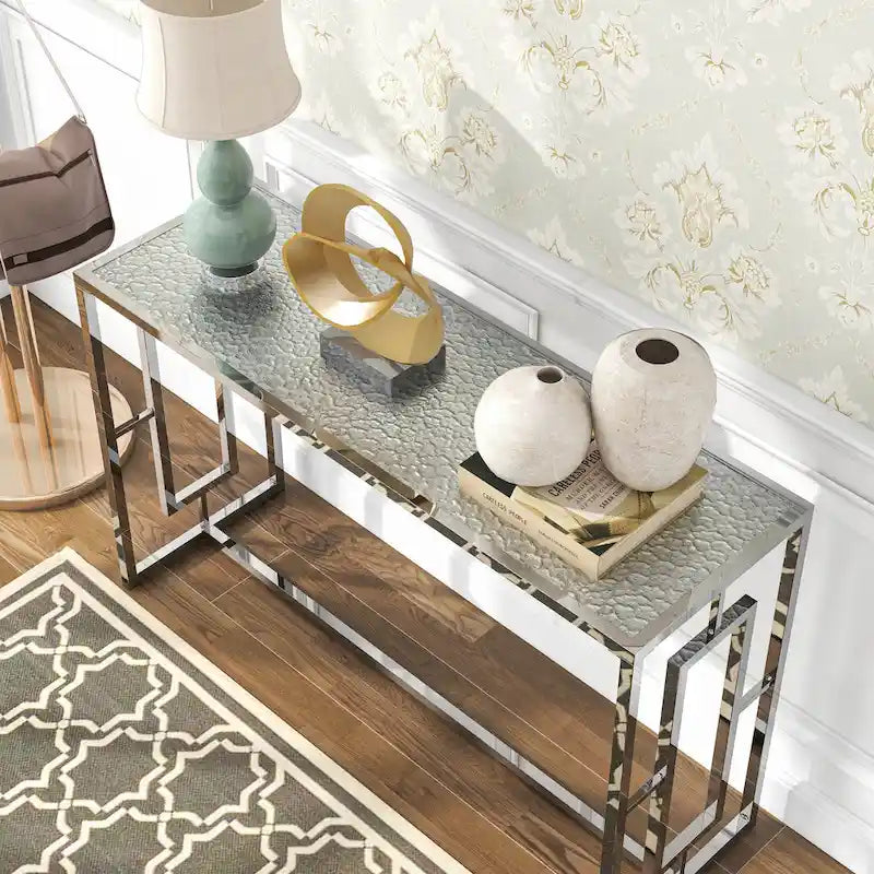 48-Inch Ripple Glass Console Table with Chrome Steel Frame
