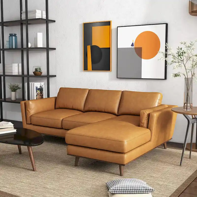 Top-Grain Leather Corner Sectional Sofa in Tan with Removable Wood Legs