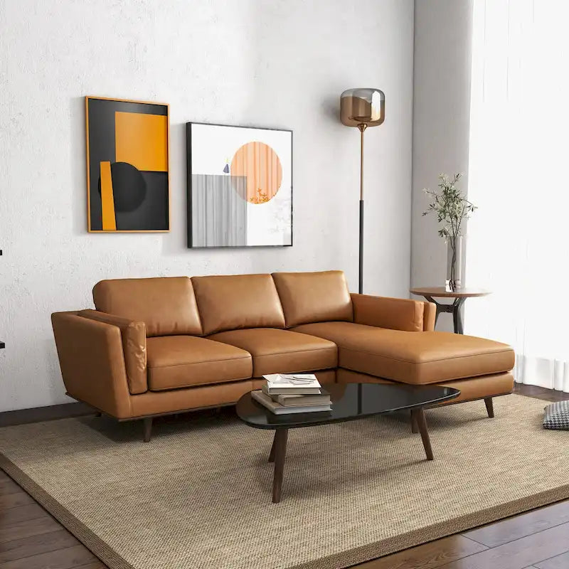 Top-Grain Leather Corner Sectional Sofa in Tan with Removable Wood Legs