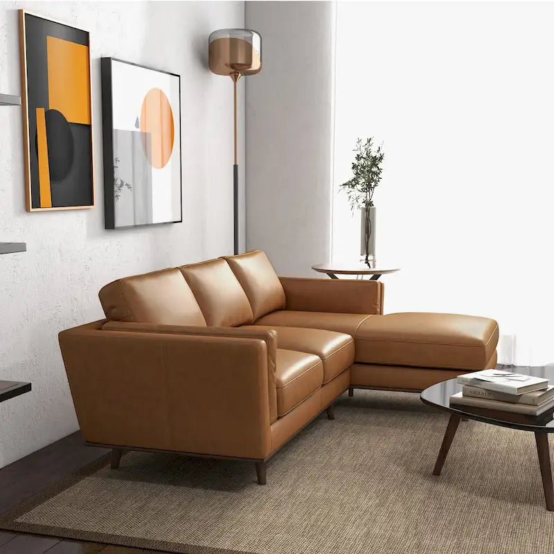 Top-Grain Leather Corner Sectional Sofa in Tan with Removable Wood Legs