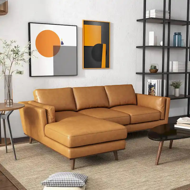 Top-Grain Leather Corner Sectional Sofa in Tan with Removable Wood Legs