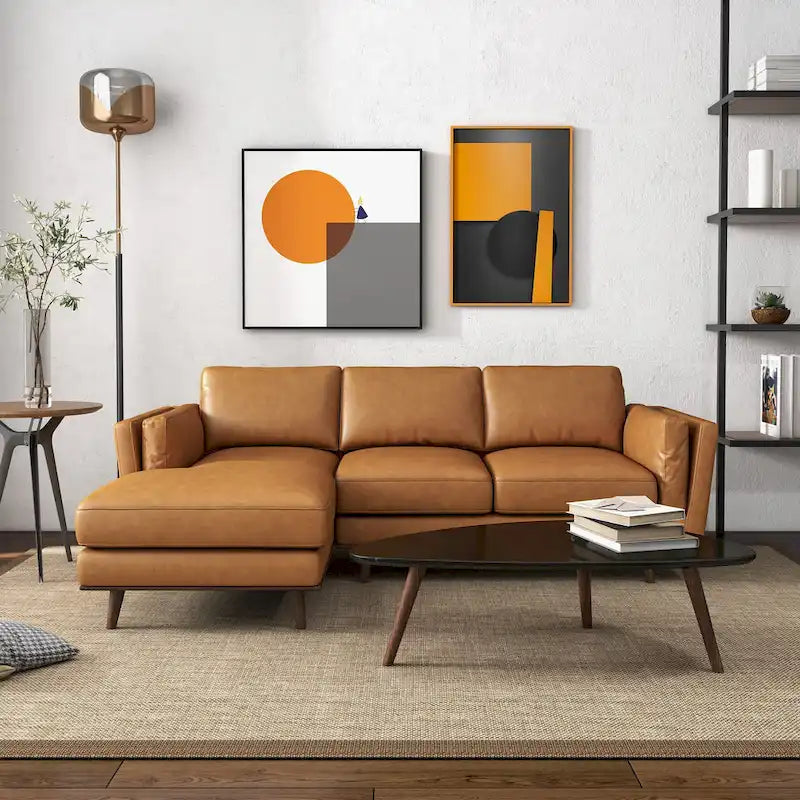 Top-Grain Leather Corner Sectional Sofa in Tan with Removable Wood Legs