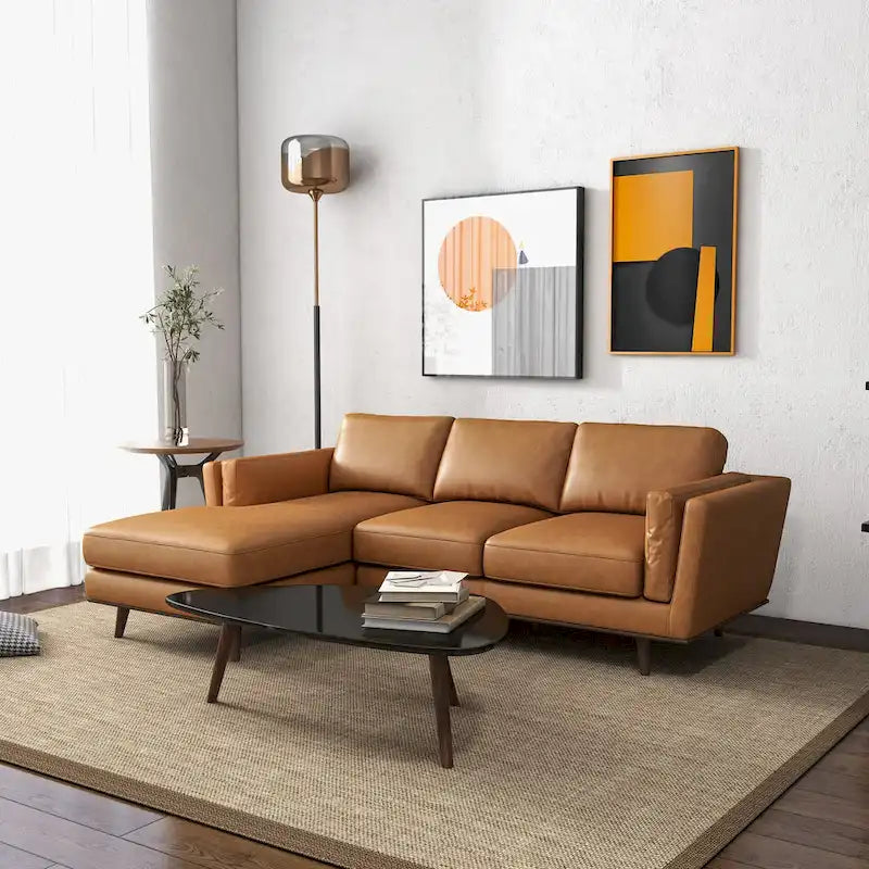 Top-Grain Leather Corner Sectional Sofa in Tan with Removable Wood Legs