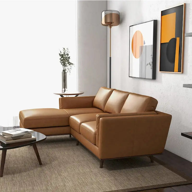 Top-Grain Leather Corner Sectional Sofa in Tan with Removable Wood Legs