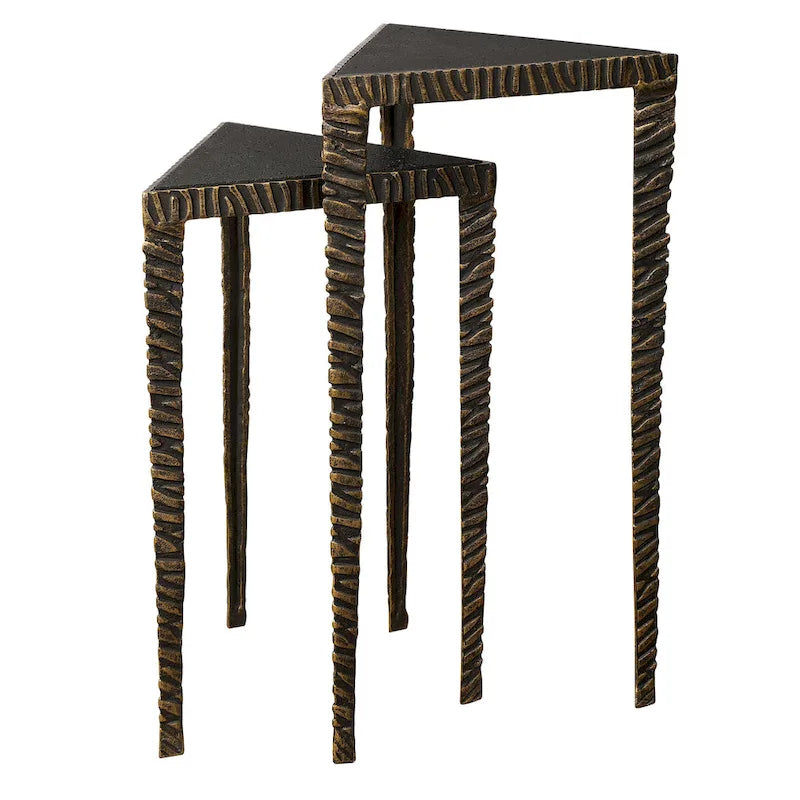 Set of 2 Triangular Accent Tables with Brushed Gold Frame and Marble-Look Tops
