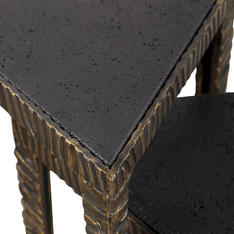 Set of 2 Triangular Accent Tables with Brushed Gold Frame and Marble-Look Tops