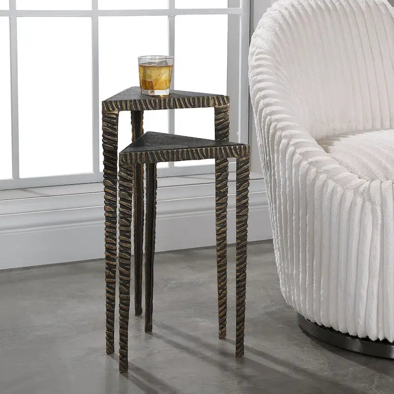 Set of 2 Triangular Accent Tables with Brushed Gold Frame and Marble-Look Tops