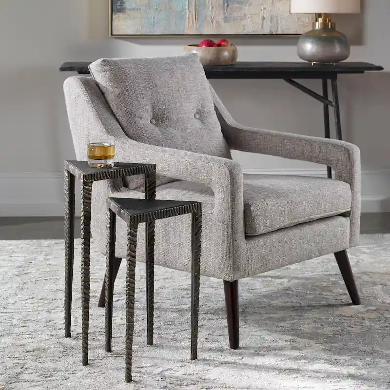 Set of 2 Triangular Accent Tables with Brushed Gold Frame and Marble-Look Tops