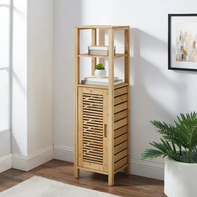 Solid Bamboo Bathroom Cabinet with Hidden Shelves and Open Storage