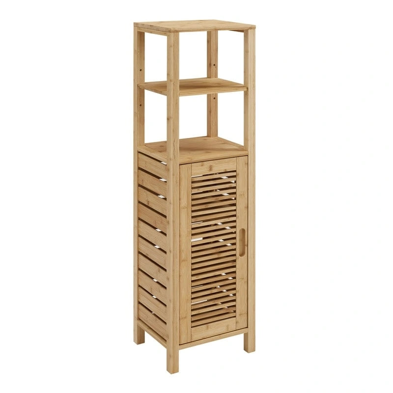 Solid Bamboo Bathroom Cabinet with Hidden Shelves and Open Storage