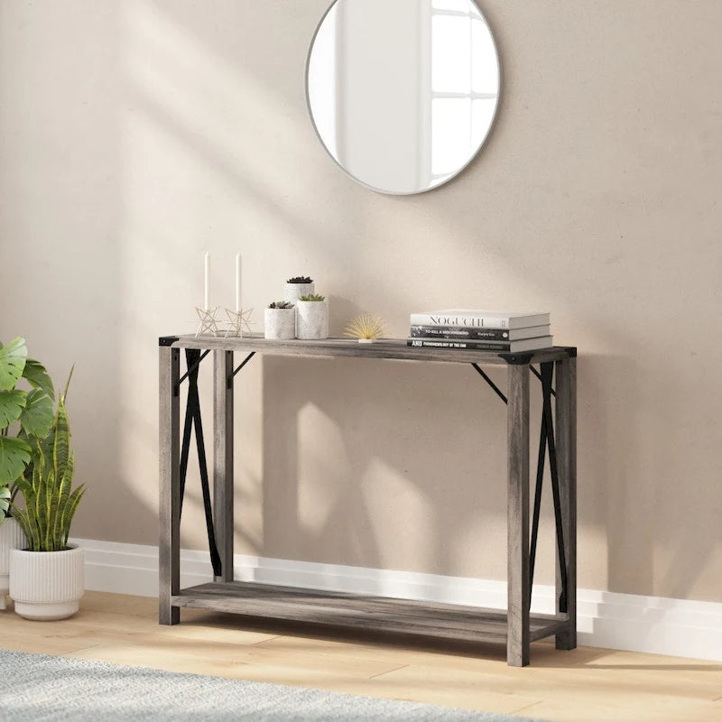 2-Tier Farmhouse Console Table with Metal Braces and Corner Caps