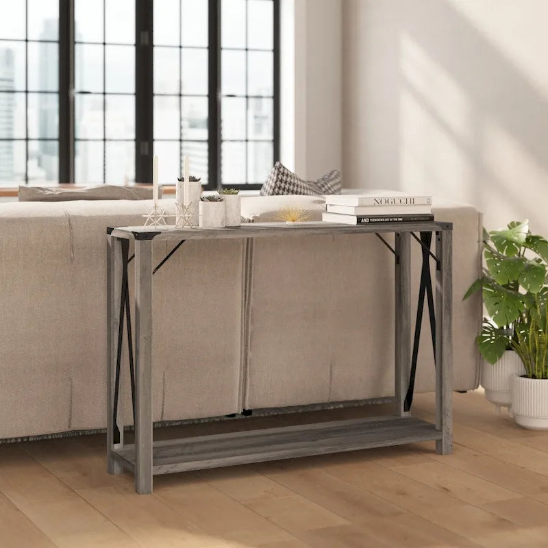 2-Tier Farmhouse Console Table with Metal Braces and Corner Caps