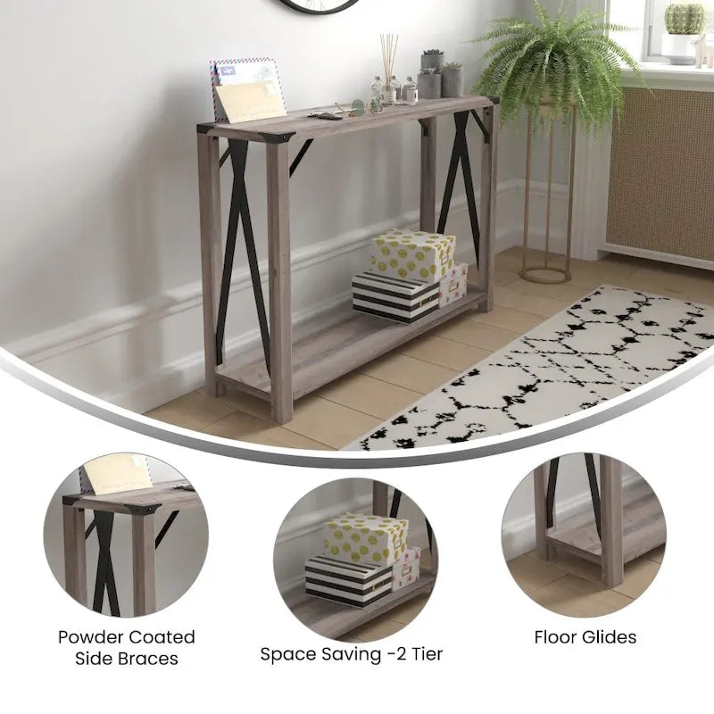 2-Tier Farmhouse Console Table with Metal Braces and Corner Caps