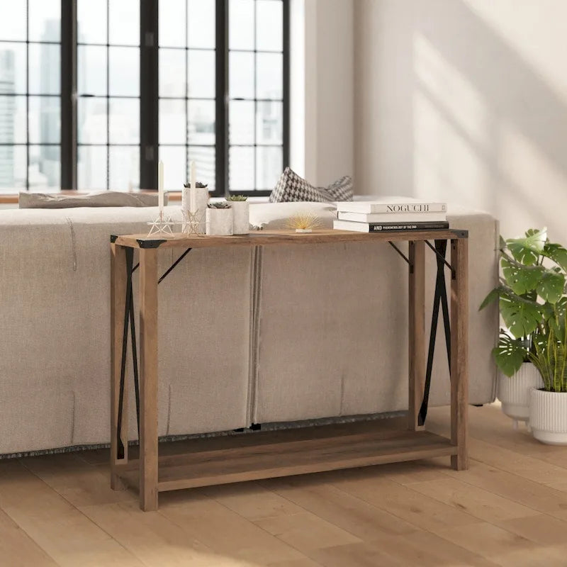 2-Tier Farmhouse Console Table with Metal Braces and Corner Caps