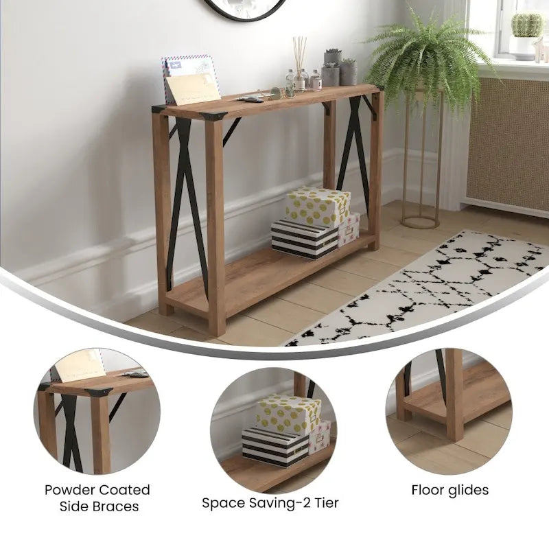 2-Tier Farmhouse Console Table with Metal Braces and Corner Caps