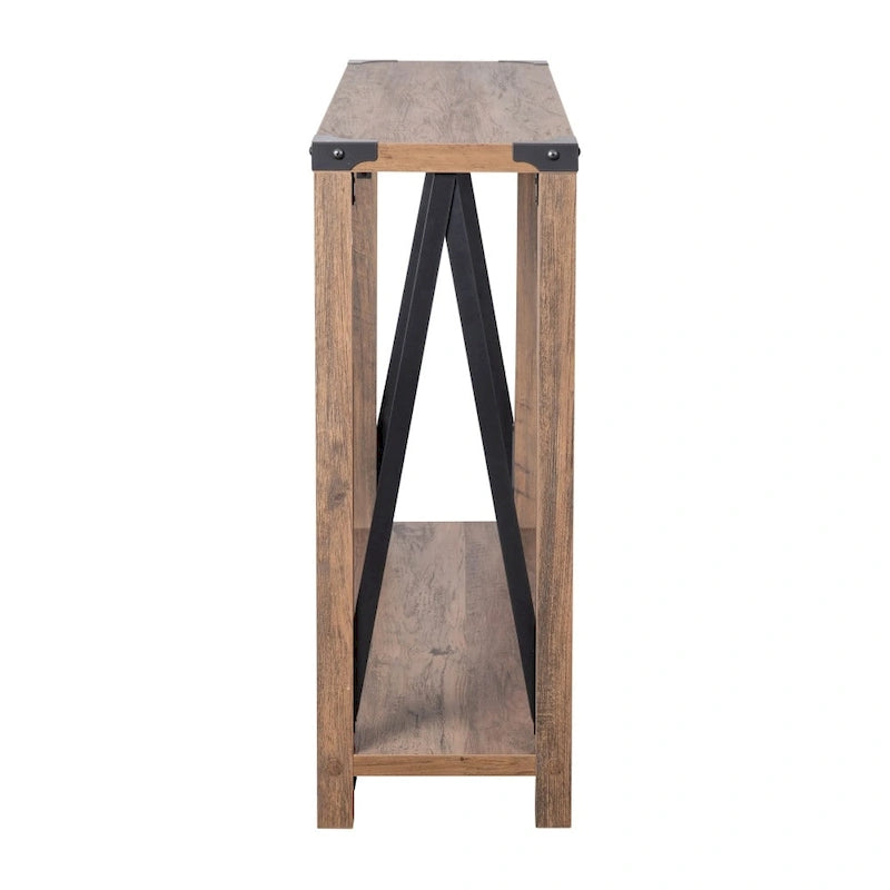 2-Tier Farmhouse Console Table with Metal Braces and Corner Caps