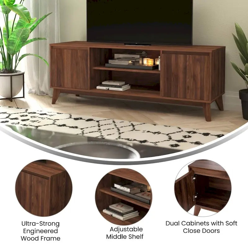 Mid-Century Media Console with Soft-Close Doors and Adjustable Shelf