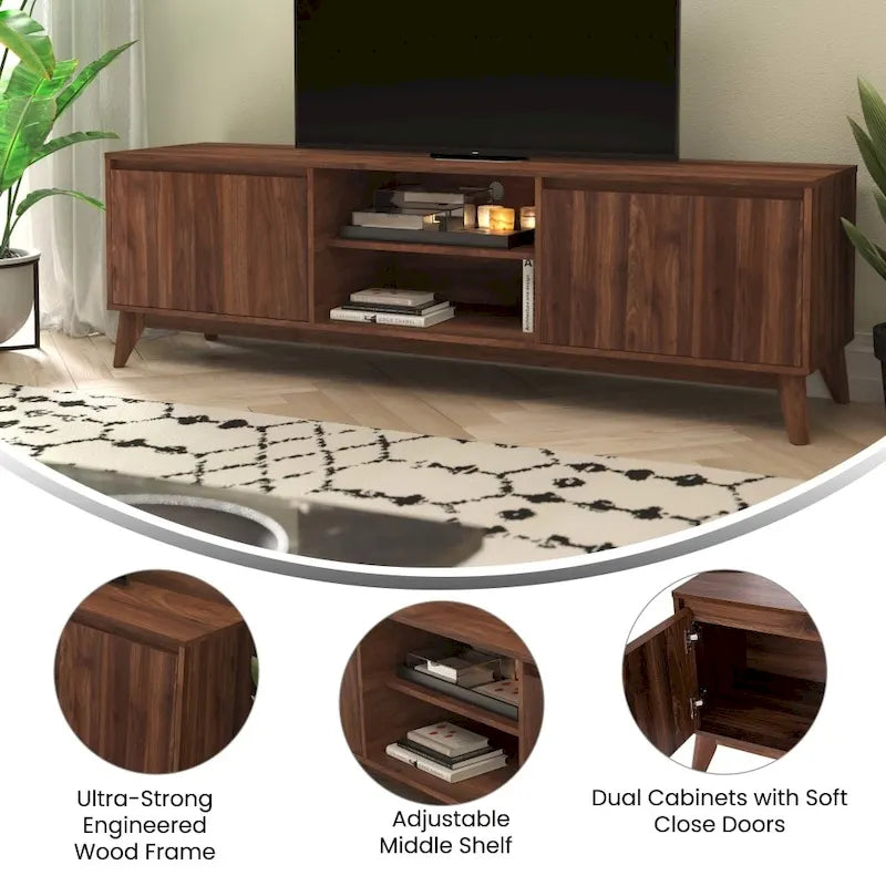 Mid-Century Media Console with Soft-Close Doors and Adjustable Shelf