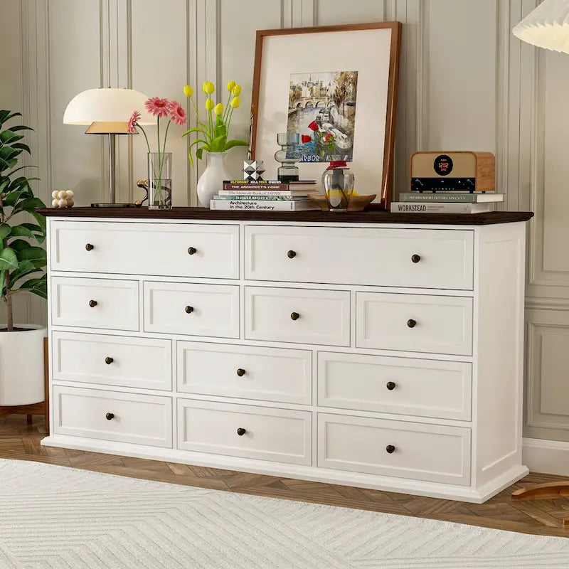 12-Drawer Dresser in Brown and White, 61-Inch Wide
