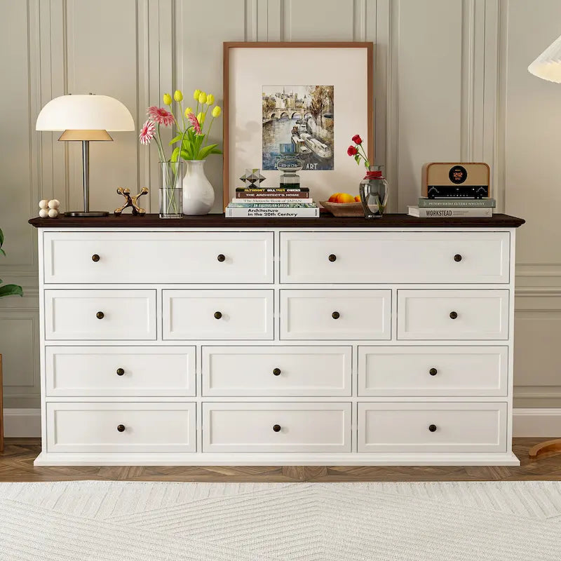 12-Drawer Dresser in Brown and White, 61-Inch Wide