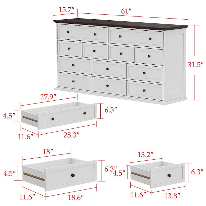 12-Drawer Dresser in Brown and White, 61-Inch Wide