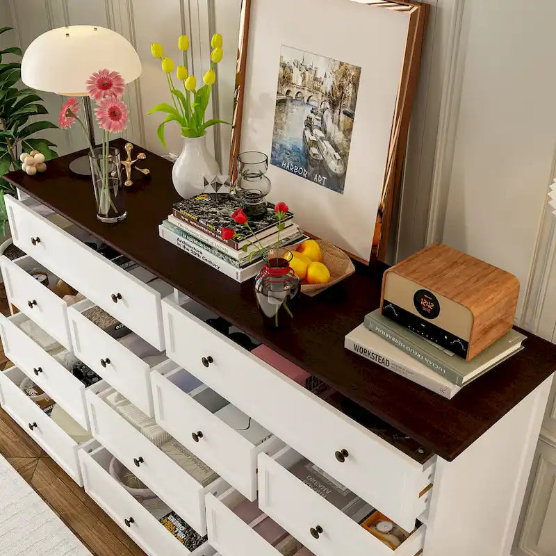12-Drawer Dresser in Brown and White, 61-Inch Wide